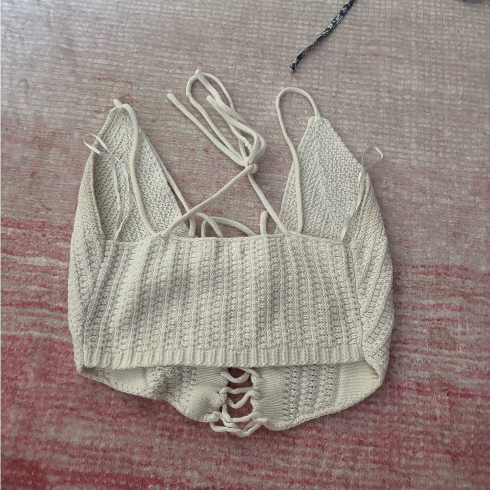 La Hearts White Knit Lace-Up Top